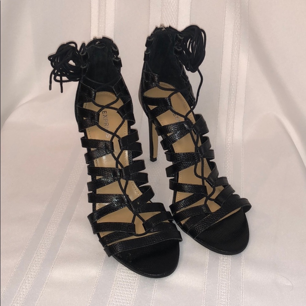 Black lace up high heel sandals